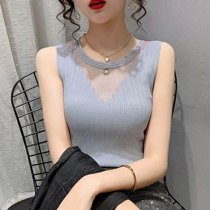 Ice Silk Round Neck Lace Stitching Hollow Sleeveless Knitted Suspender Women's Summer New See-through Vest Base Shirt
Ice Silk Round Neck Lace Stitching Hollow Sleeveless Knitted Suspender Women's Summer New See-through Vest Base Shirt