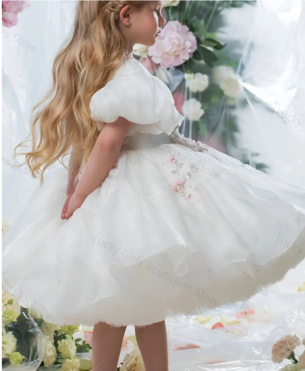 

White Ball Gown Flower Girl Dresses Floral Appliques Kids Birthday Gowns Puffy Tiered Knee Length Little Girls Pageant Gowns