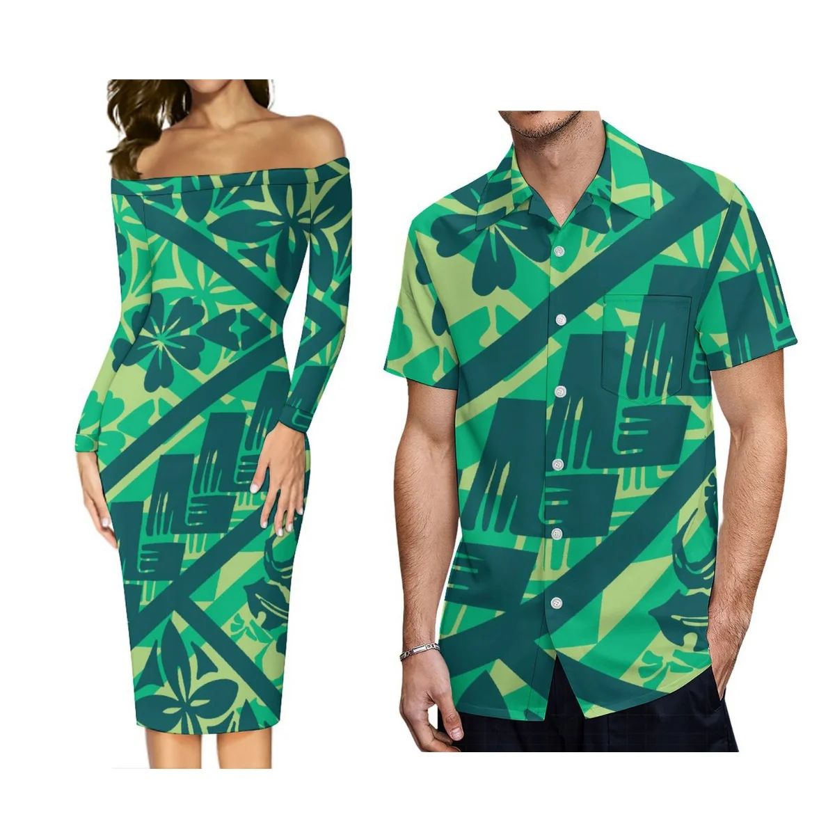 

Polynesian Printed Couple Dress Samoan Casual Men Shirt Samoa Women Strapless Sexy Skirt Hawaii Long Sleeve Long Dress