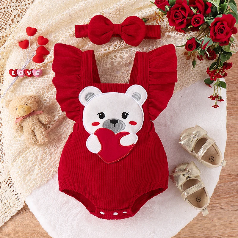 

Baby Girl 2Pcs Set Square Neck Frill Trim Sleeveless Corduroy Romper + Bow Ribbed Headband Toddler Valentine's Day Outfits