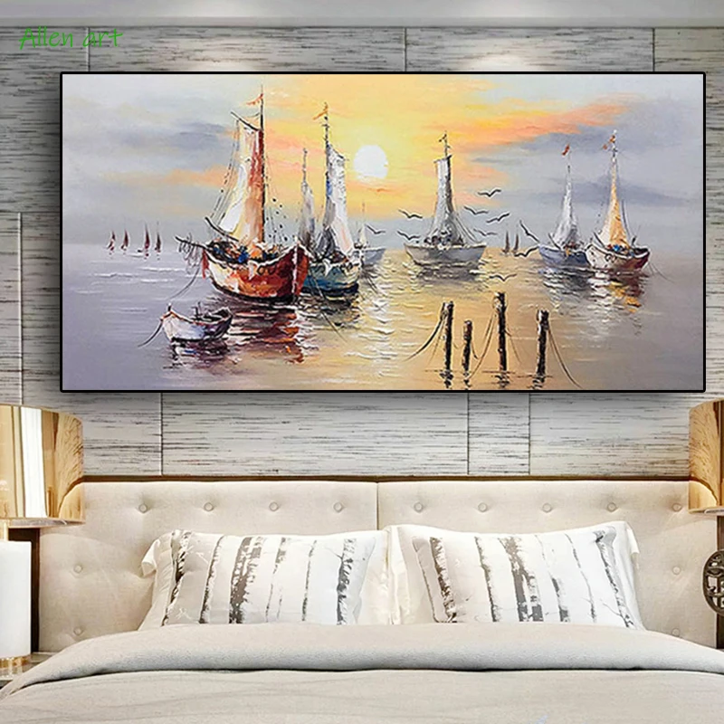 

Abstract Sunrise Sea Boat Canvas Painting Wall Art Posters and Prints Decoration for Living Room Home Mural Pictures Cuadros