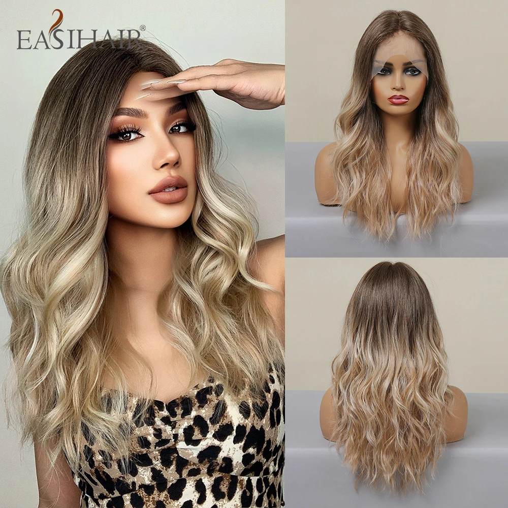 

EASIHAIR Lace Front Synthetic Wig Long Wavy Brown Blonde Ombre Natural Hair Wig for Women Cosplay Lace Frontal Wig High Density