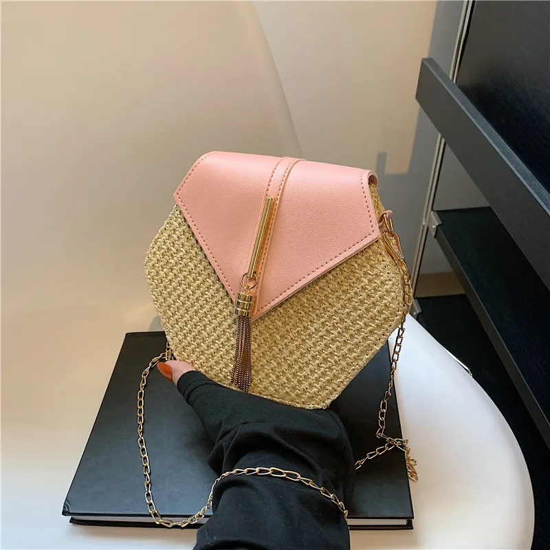Hexagon Straw & Leather Handbag - Bohemian Woven Beach Shoulder Bag 25 S1f02ebc0e85f4566862f23d306ae36b6m