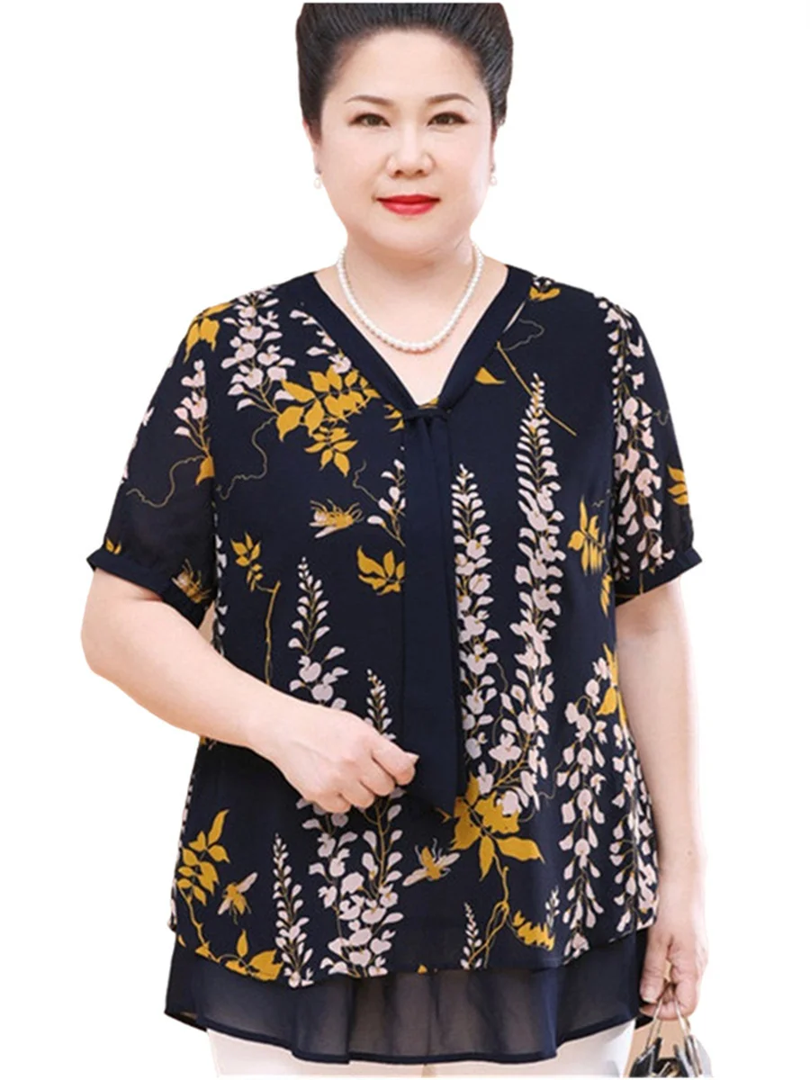 

6XL Women Spring Summer Blouses Shirts Lady Fashion Casual Short Sleeve V-Neck Collar Flower Printing Blusas Tops G2262