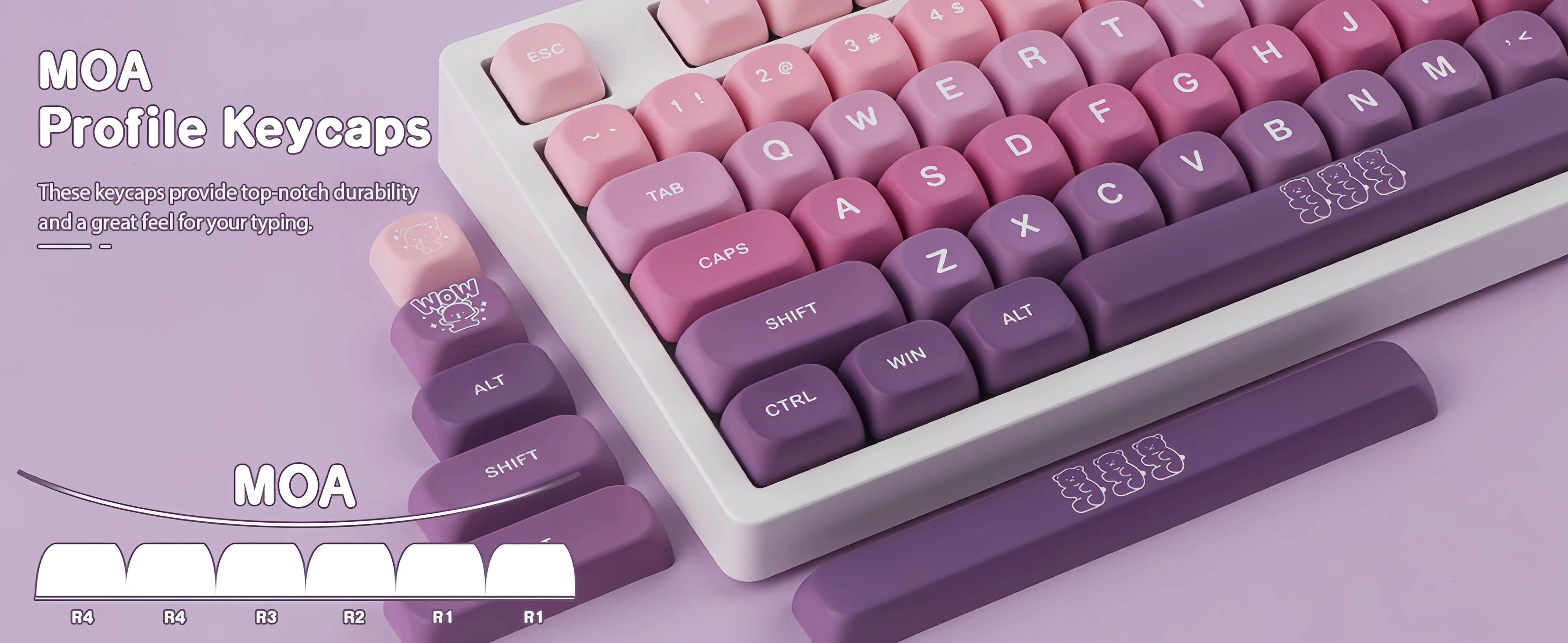 Custom purple keyboard keycaps with bear design
