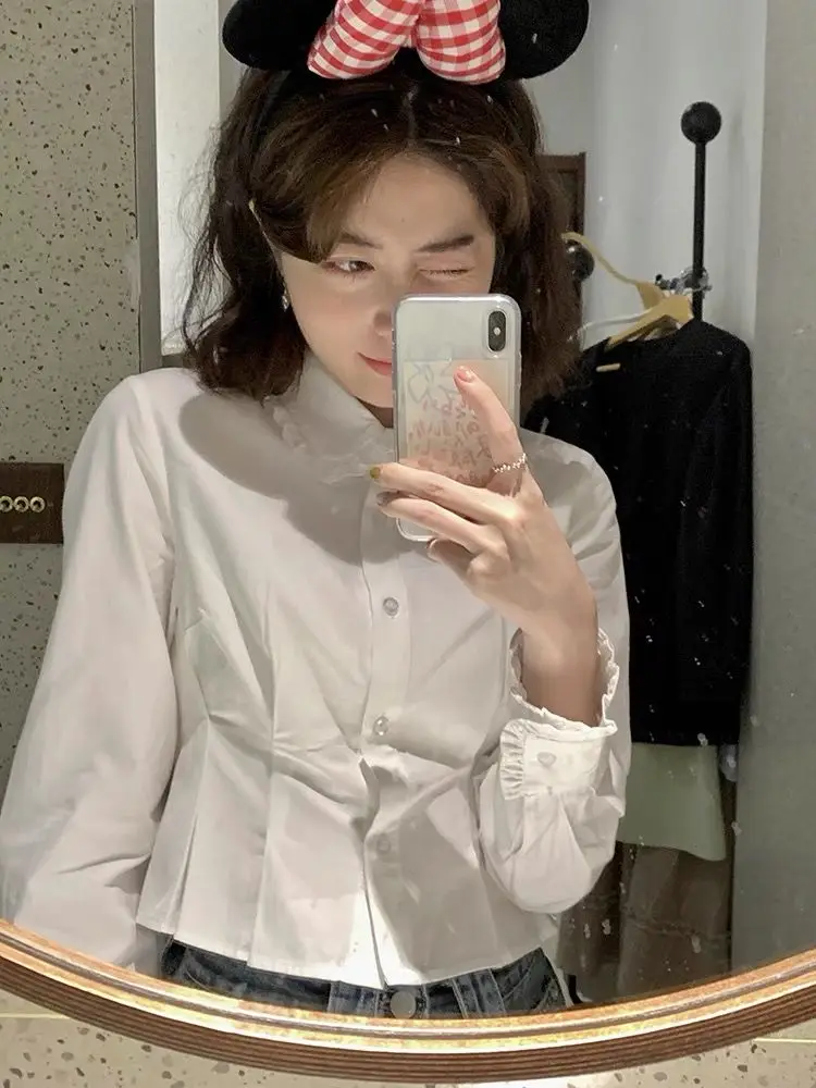 

Spring College Japanese Sweet Girl Elegant Lace Collar Waist Trimming Shirt Female Student Inner Bottoming Shirt Sweet Short Top