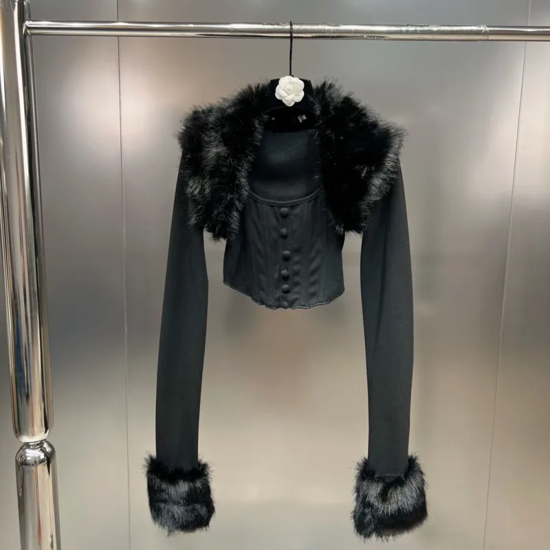 2022 Autumn Single Breasted Buttons Vest Tank Top Faux Fur Collar Crop Coat Black Two Piece Set Cardigans Women GG651
2022 Autumn Single Breasted Buttons Vest Tank Top Faux Fur Collar Crop Coat Black Two Piece Set Cardigans Women GG651