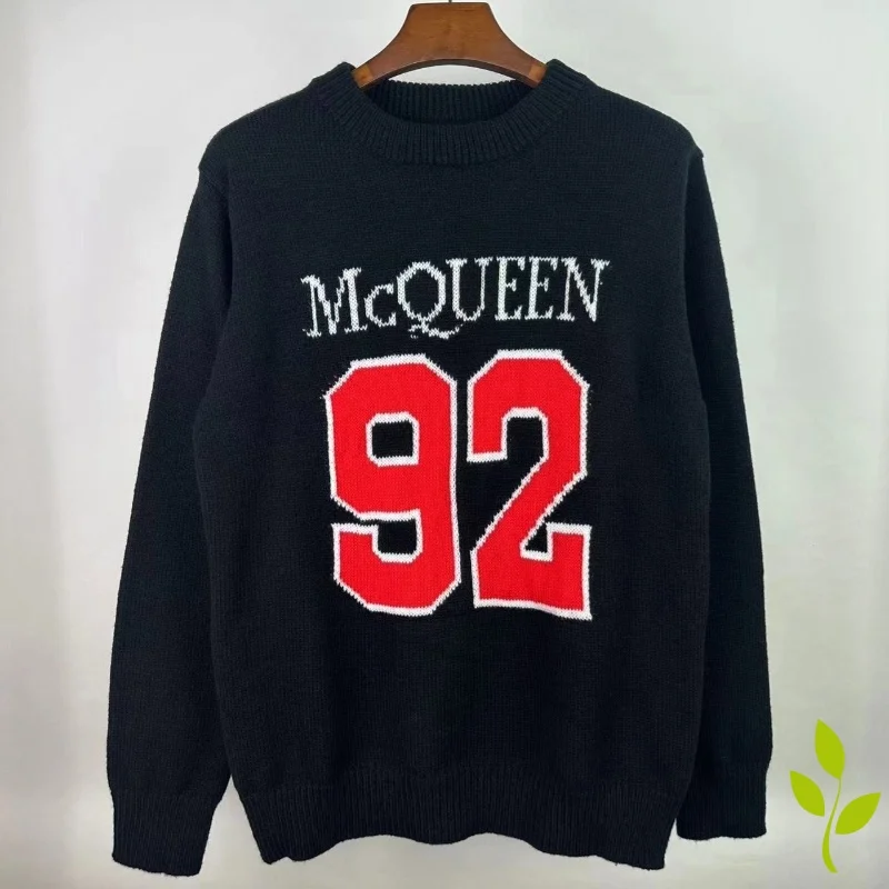 

Hip Hop McQueen Sweaters Alphabet Embroidered Long Sleeve Pullovers Black Crew-neck Loose Casual High Quality Tops for Men Women