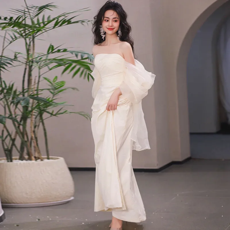 

Elegant Sexy Off Shoulder Qipao Fairy Puff Sleeve Dress Gown Slash Neck Cheongsam Celebrity Banquet White Robe De Soiree