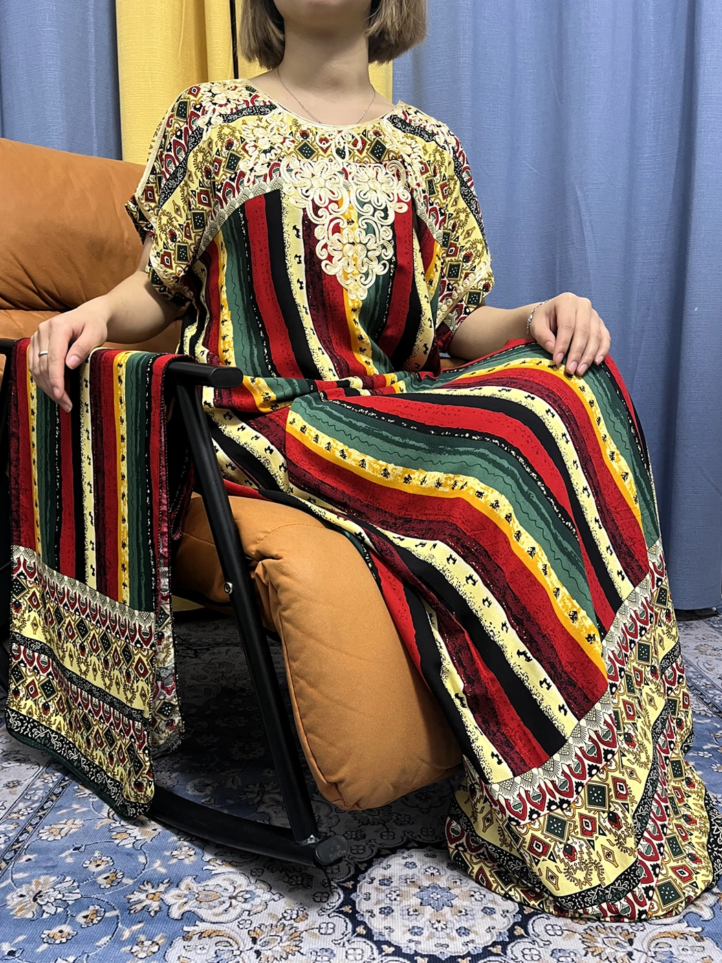 

Abayas For Women Printed Rainbow Stripes Cotton Muslim Fashion African Traditional Woman Dresses Turkey Clothing With Turban