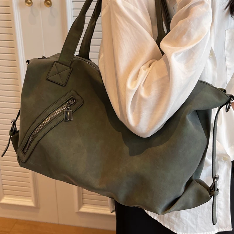 

Зеленая Замшевая сумка через плечо для женщин, винтажные большие дорожные сумки через плечо из нубука для влюбленных, удобная Бостонская дамская сумочка