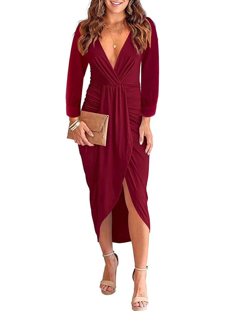 2022 Women's Sexy Skinny Solid Dress Deep V Neck High Waist Long Sleeves Draped Slit Mid Length Wrap Party Dresses For Women
2022 Women's Sexy Skinny Solid Dress Deep V Neck High Waist Long Sleeves Draped Slit Mid Length Wrap Party Dresses For Women