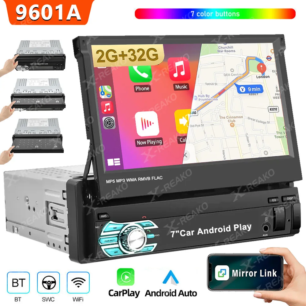 

REAKOSOUND Car Radio GPS Navigation 7" IPS Retractable Screen 1 Din Android Multimedia Player Universal Audio Video BT USB EQ