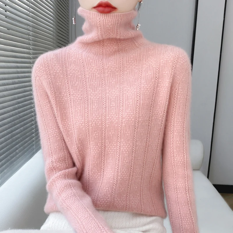 

New 100% Woolen Sweater Women's Pile Collar Knitted Bottoming Long Sleeve Jacquard Pullover Wool Warm Top In Autumn And Winter