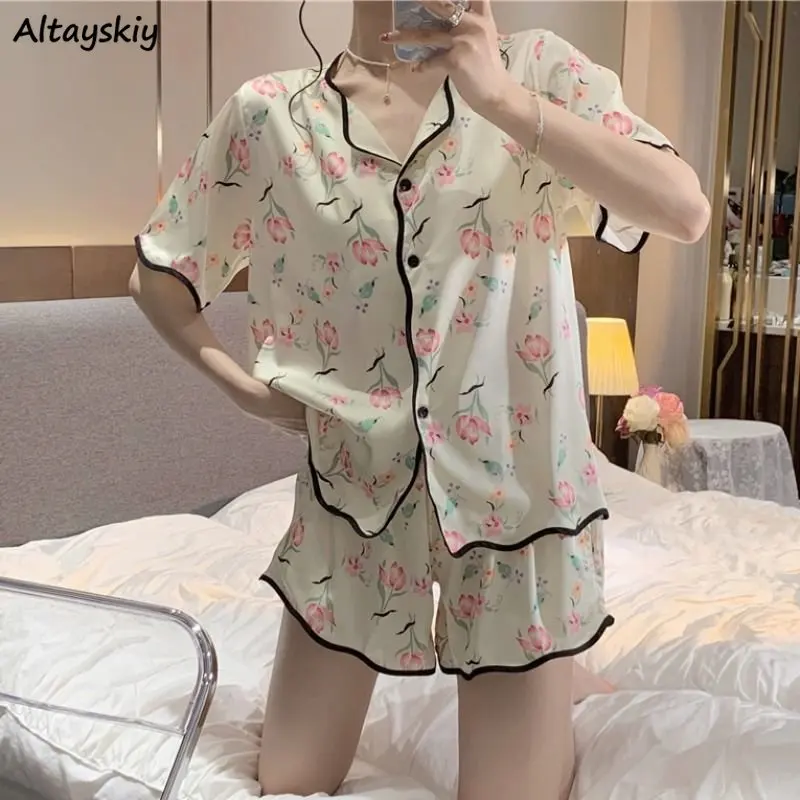 

Летние Пижамные комплекты, Женская свободная Милая элегантная тонкая гладкая Пижама для женщин, шикарная винтажная одежда для сна с принтом, для отдыха, мягкая, удобная, популярная