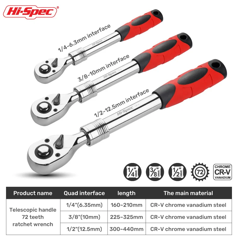 

Hi-Spec 72 Tooth Torque Ratchet Wrench 1/4 3/8 1/2 Inch Telescopic Socket Wrench Flexible Adjustable Spanner Hand Tools Wrenches