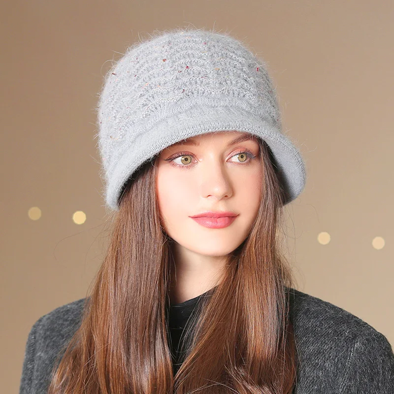 

Women Thick Fleece Lining Sequin Stripe Rabbit Fur Beanie Hats Bucket Hat Knitted Hat Thermal Fashion Plush Warm