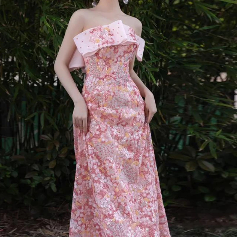 Fresh Sweet Strapless Slim Fit Princess Dress Exquisite Floral Embroidery Appliques Vestidos Long Strap Design Prom Robe 
Fresh Sweet Strapless Slim Fit Princess Dress Exquisite Floral Embroidery Appliques Vestidos Long Strap Design Prom Robe