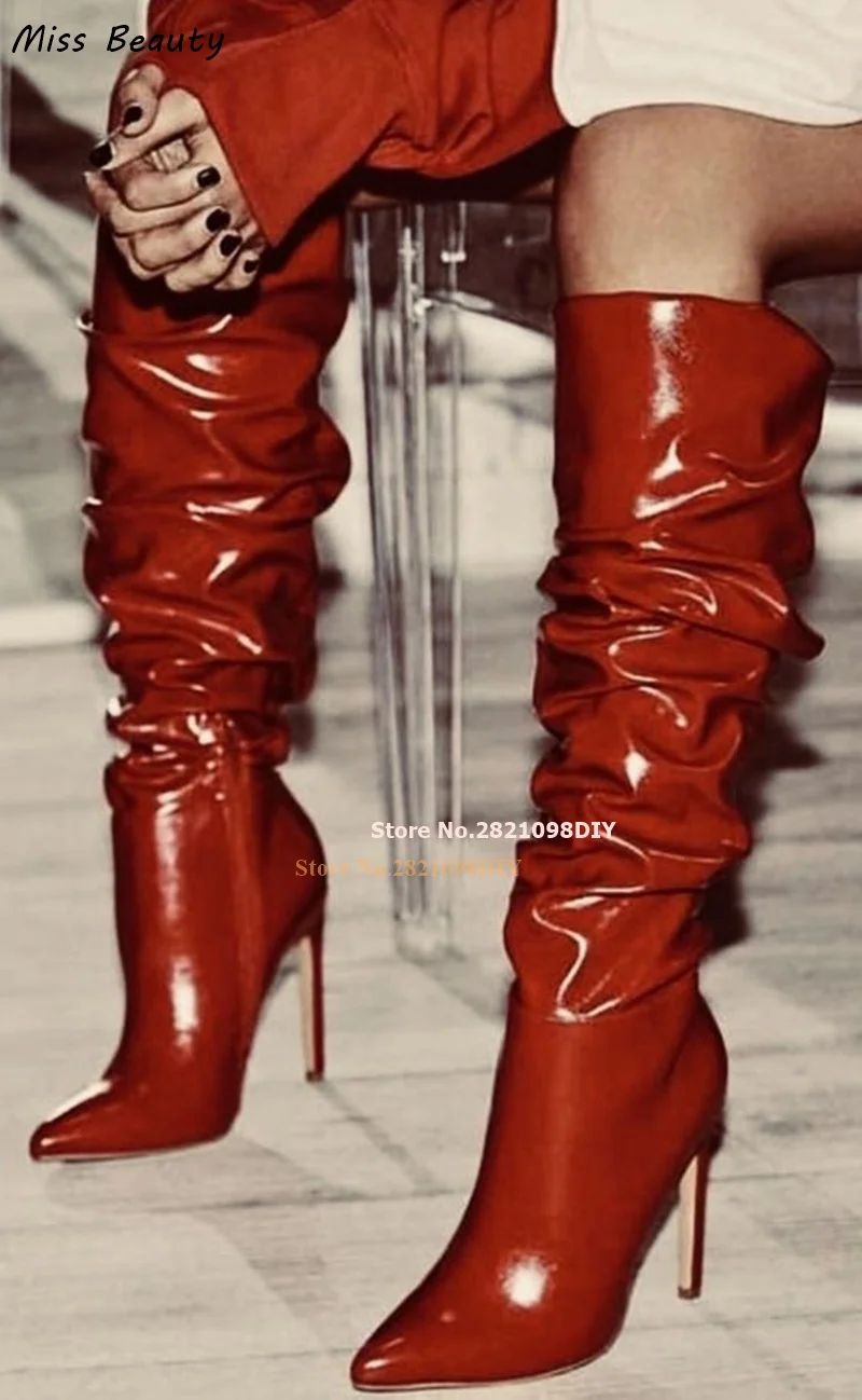 

Concise Slouchy Dark Red Leather Thin High Heel Knee Length Boots Women Stiletto Heeled Pointy Toes Runway Bota