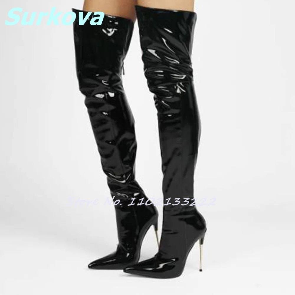 

Metal Heel Tight High Boots Pointy Toe Patent Leather Thin High Heels Rear Zipper Boots Newest Fashion All Match Women Shoes