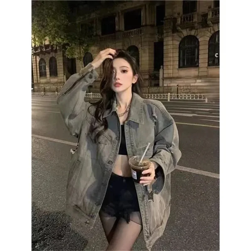 

ong Kong style retro Jean jacket for women in spring 2023 new washed worn loose and versatile jacket fashionable outside