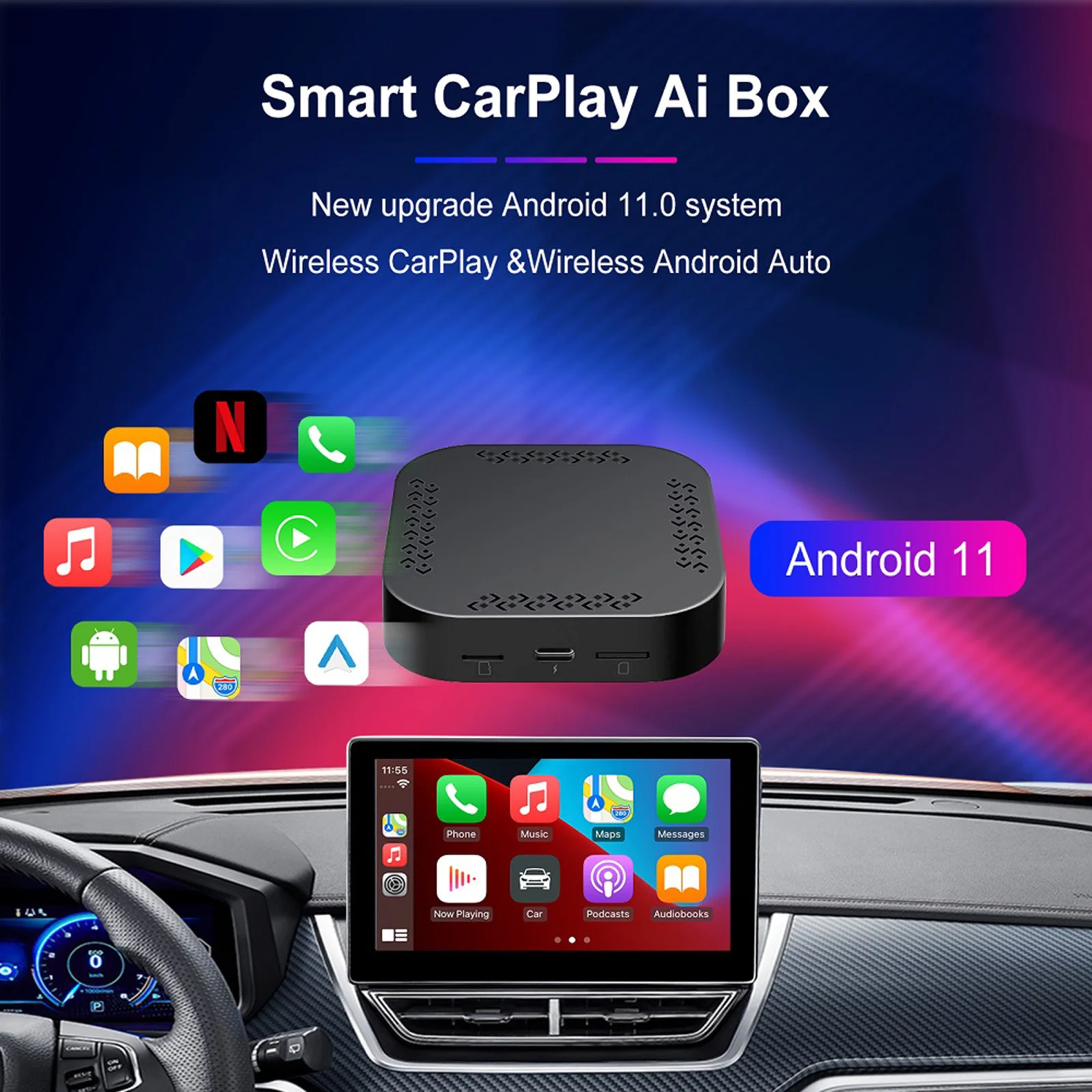 

Car AI Box 3 + 32G Android Поддержка беспроводной CarPlay Android Авто встроенный в YouTube Netflix, загрузка приложения для OEM проводной Carplay