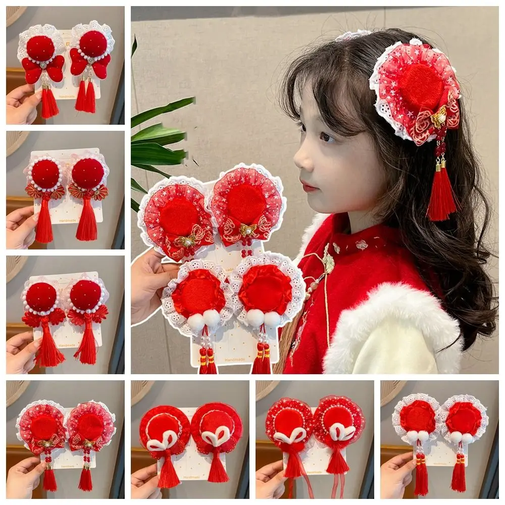 

Детская красная заколка для волос с китайским узлом и кисточкой тканевый китайский новогодний головной убор шпилька для волос в старинном стиле древние головные уборы