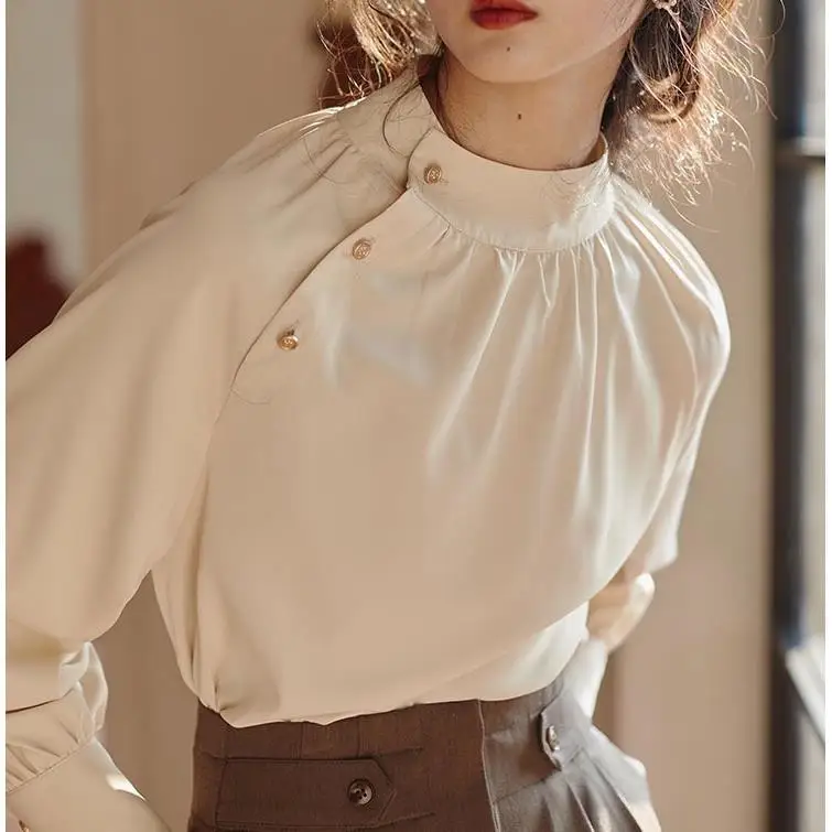 

Korea Temperament Lace Up Shirt Women Fashion Stand Collar Bubble Sleeves Shirring Korean Gentle Sweet Solid Spring Chic