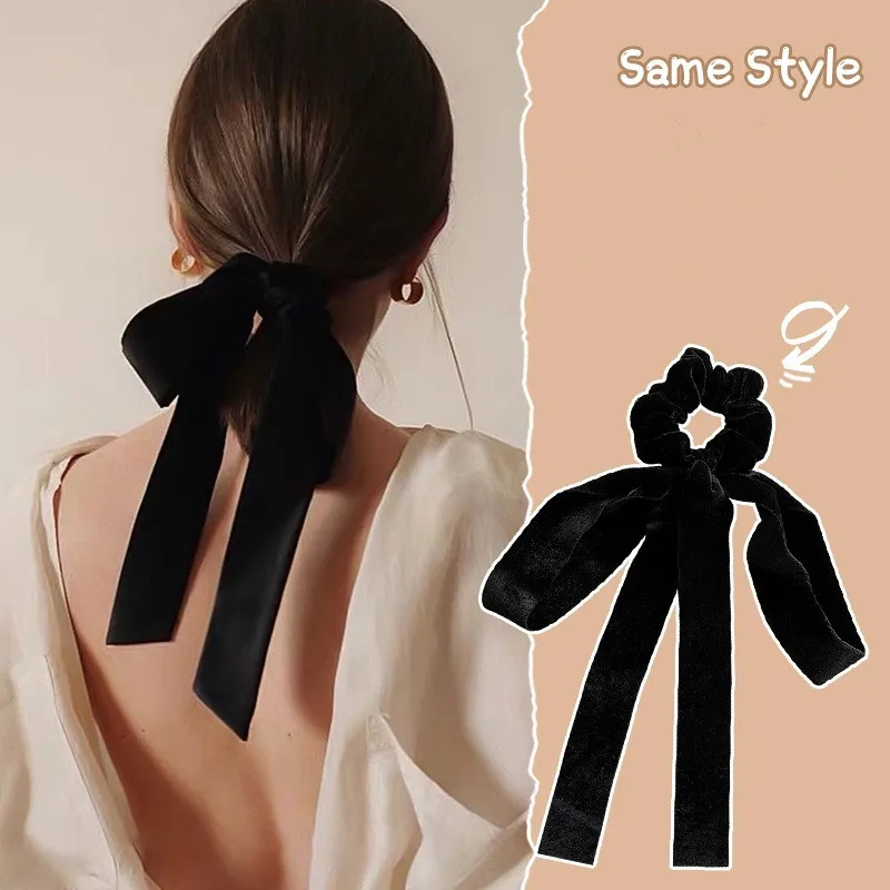 

Korea Black Long Ribbon Bow Scrunchies Women Girls Elastic Hair Rubber Bands Accessories Tie Hair Ring Rope Headdress Headwear