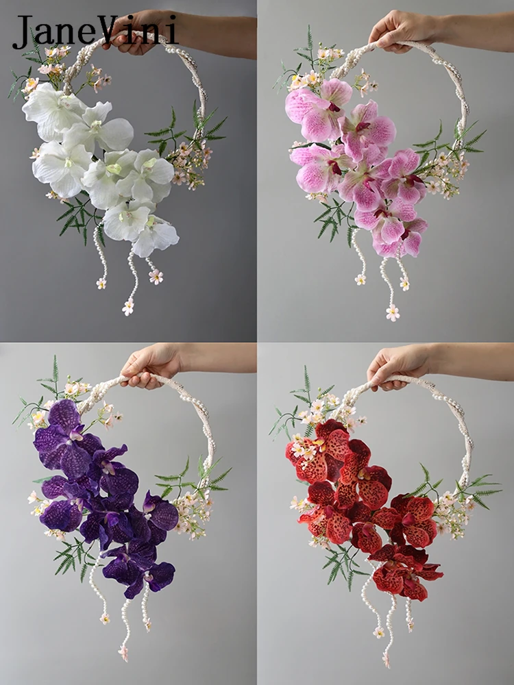 

JaneVini 2024 Elegant Real Touch Flowers Bride Handheld Wreath Garland Wedding Bouquet with Pearls Bridal Marrige Hand Flower