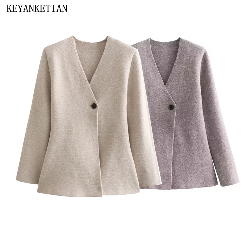

KEYANKETIAN 2024 New Launch Women's One-Button Knitted Top Spring Elegant Simply V-Neck Slim Sweater Short Knit Cardigans Coat