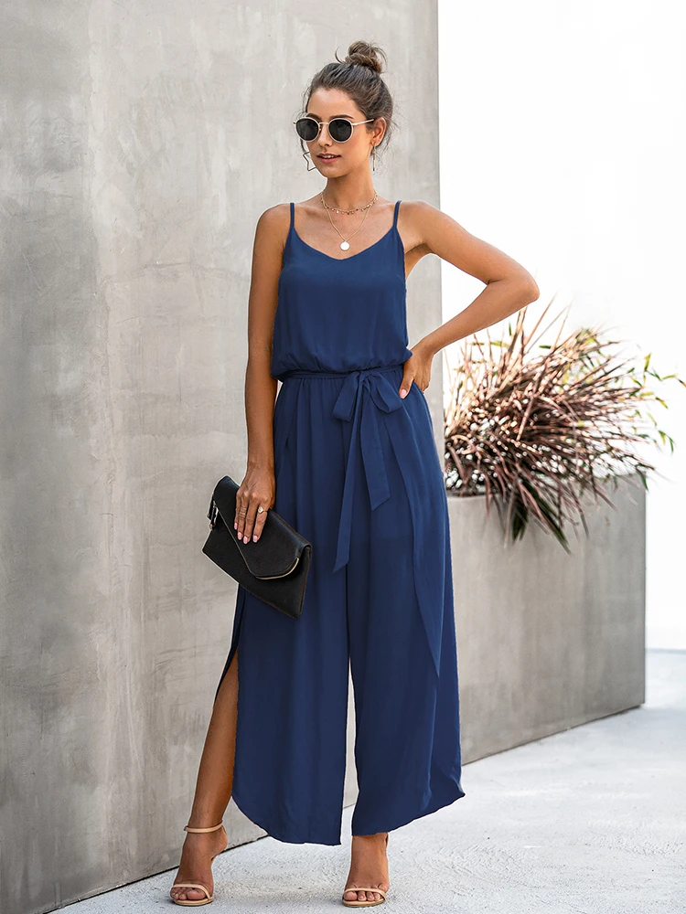 Spaghetti Strap Wide Leg Side Split Casual Summer Women Jumpsuit Solid Belt Women Clothing Fashion Overall 2023
Spaghetti Strap Wide Leg Side Split Casual Summer Women Jumpsuit Solid Belt Women Clothing Fashion Overall 2023