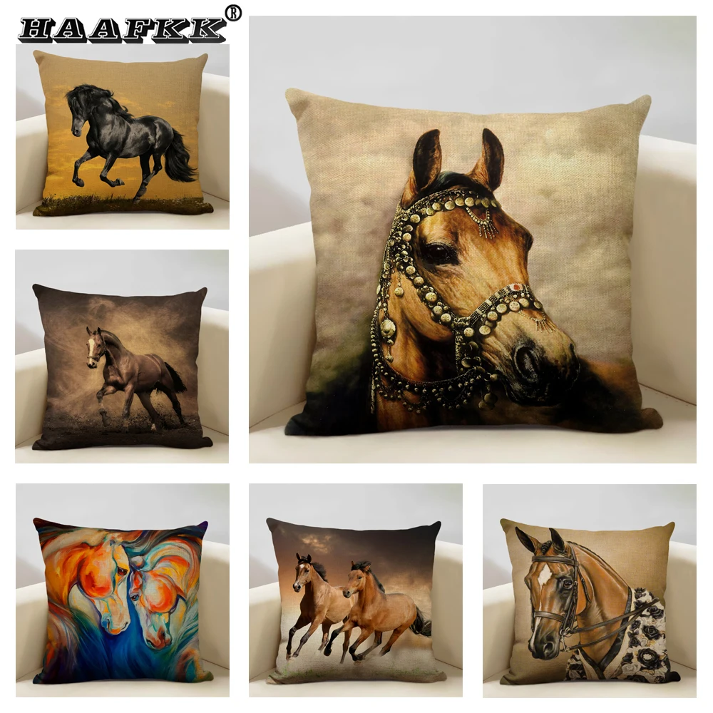 

Decoration Cushion Cover Tropical Style Running Horses Pillowcase 45x45CM Square Linen Home Decor Animal Pillow Case