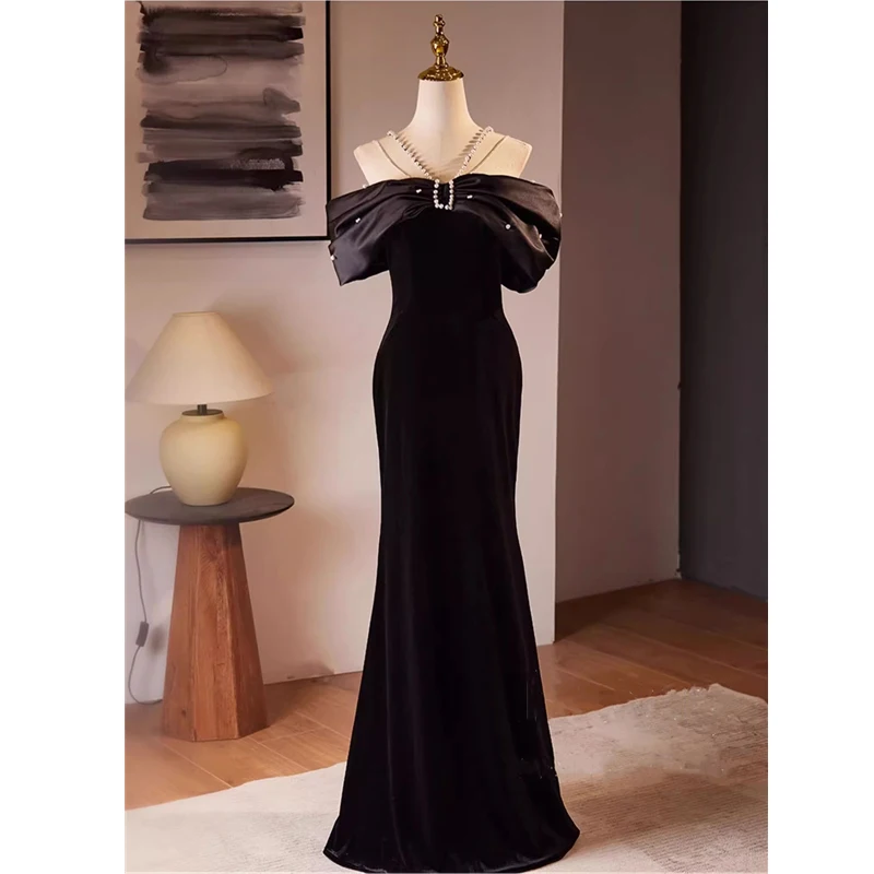 

Bespok Occasion Evening Dress Black Velvet Off the Shoulder Pearl Lace up Mermaid Floor-length Plus size Women Party Formal Gown