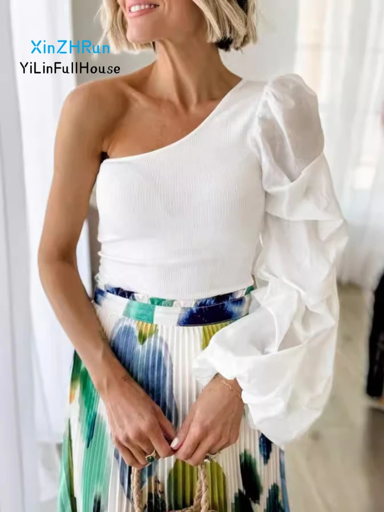 

Summer New Women's Fashion Slim Fit Oblique Shoulder Collar Single Room Design Mesh Sleeve Spliced Women's Irregular T-shirt Top