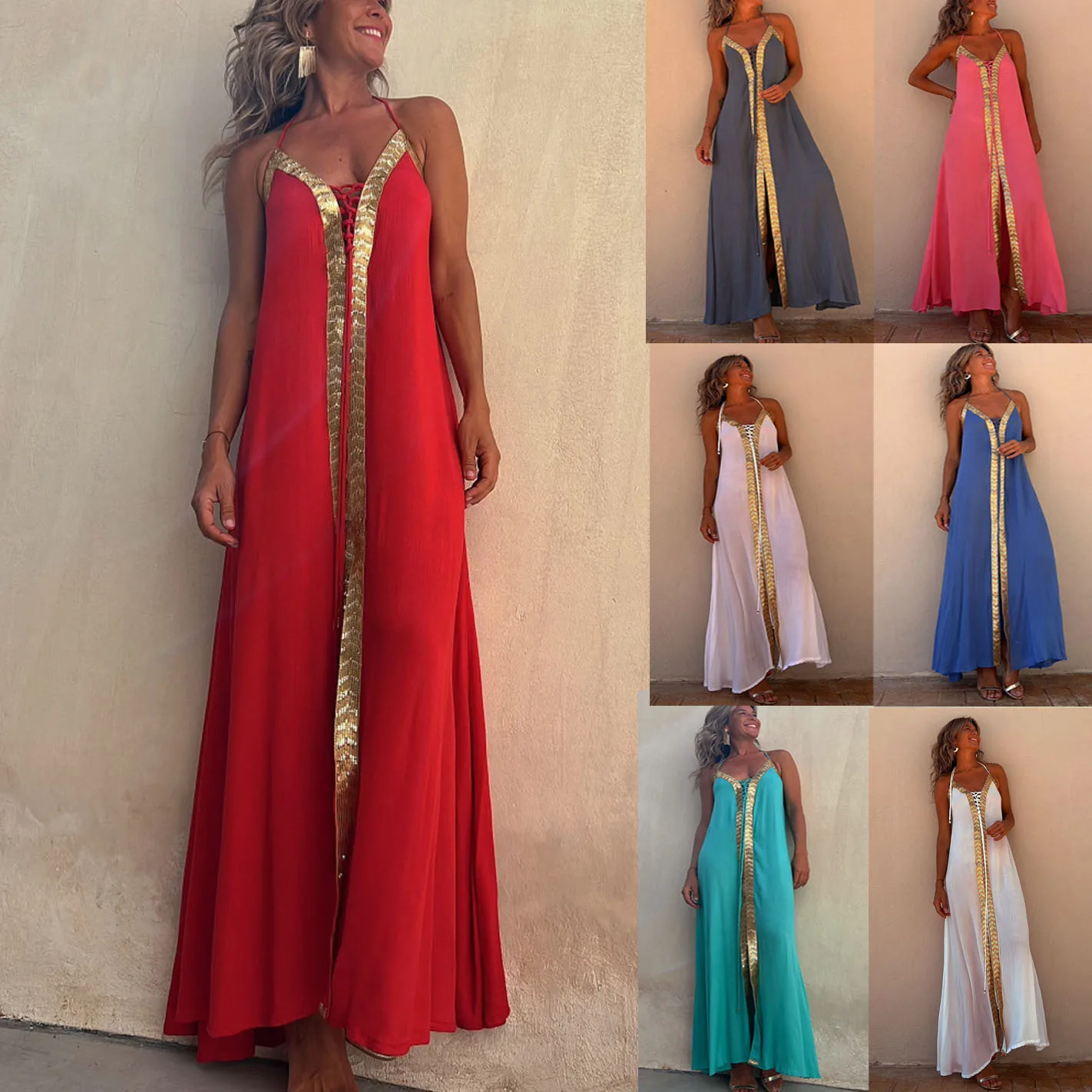 2024 Spring/Summer New Lace Up Neck Hanging Casual Loose Vacation Flare Dress
2024 Spring/Summer New Lace Up Neck Hanging Casual Loose Vacation Flare Dress