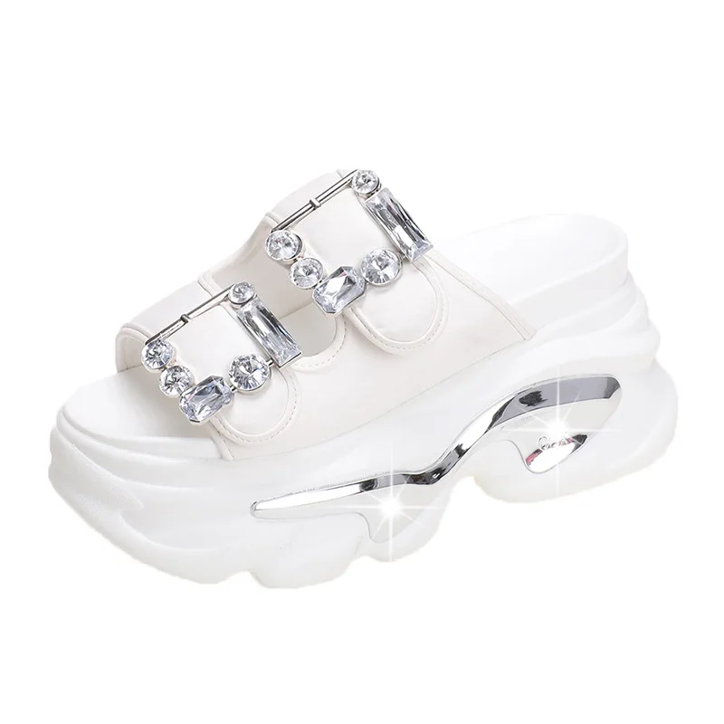 

Thick-Soled Slippers Women's Fashion Outer Wear 2023 Summer New Korean Version Rhinestone Metal Buckle Muffin and Cool Slippers