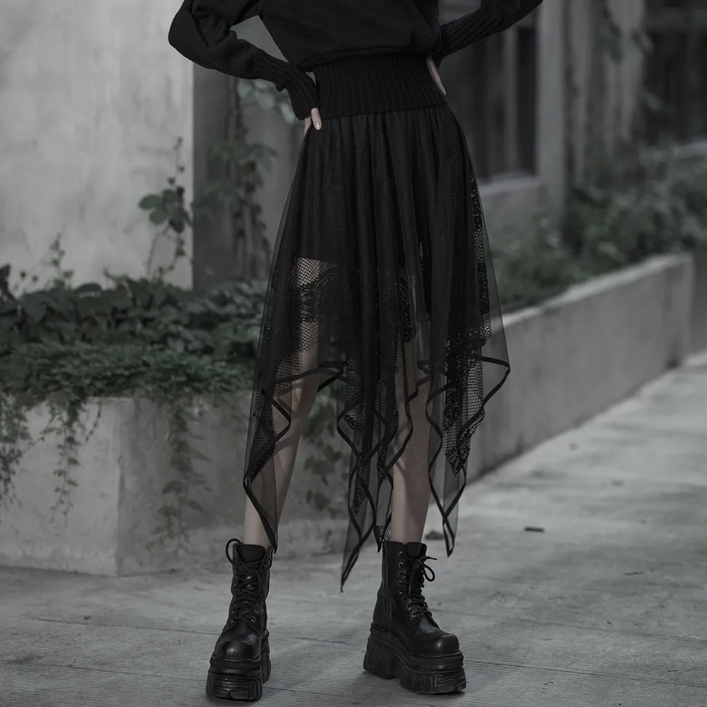 PUNKRAVE Women's Skirt Goth Transparent Chiffon Half Skirt Personality Embroidery Elastic Waistband Asymmetrical Hem Lace Skirts
PUNKRAVE Women's Skirt Goth Transparent Chiffon Half Skirt Personality Embroidery Elastic Waistband Asymmetrical Hem Lace Skirts