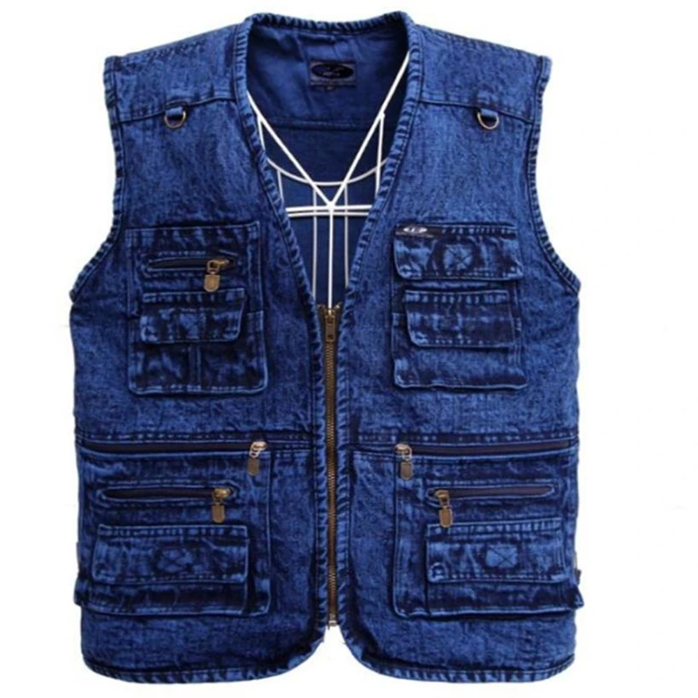 

Men'S Vest Outerwear Denim Waistcoat Deep Blue Hot Sale Sleeveless Jacket Multi-Pocket Cotton Vests Spring Gilet Denim Jackets