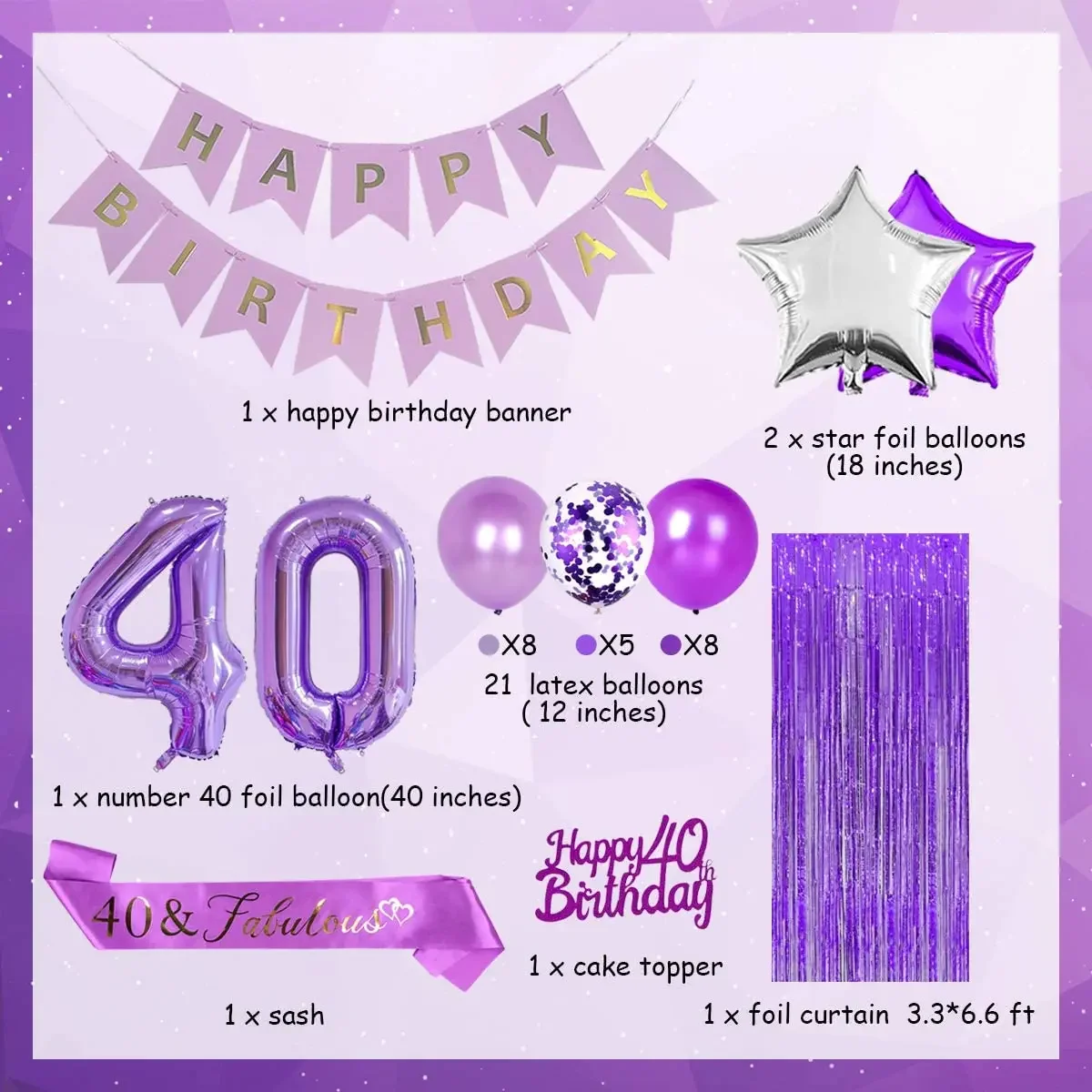 

Пурпурные украшения для вечеринки в честь 40-го дня рождения для женщин, с пурпурными цифрами, 40 воздушных шаров, топпер для торта в честь 40-го дня рождения, сказочный пояс