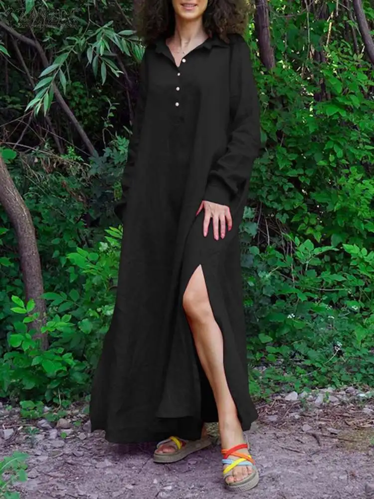 

Платье ZANZEA женское с высоким разрезом, пикантный длинный сарафан с воротником с лацканами, модный праздничный халат, повседневный оверсайз с карманами, весна 2024