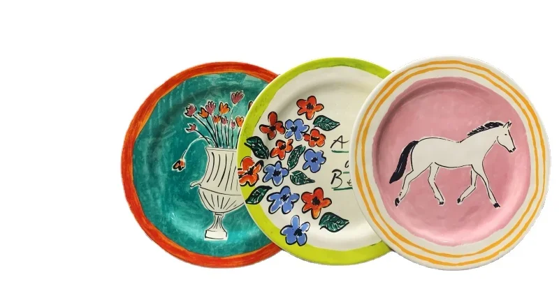 

American hand-painted halo dyed cartoon pattern 8.75-inch cute ceramic plate dinner set plates and dishes