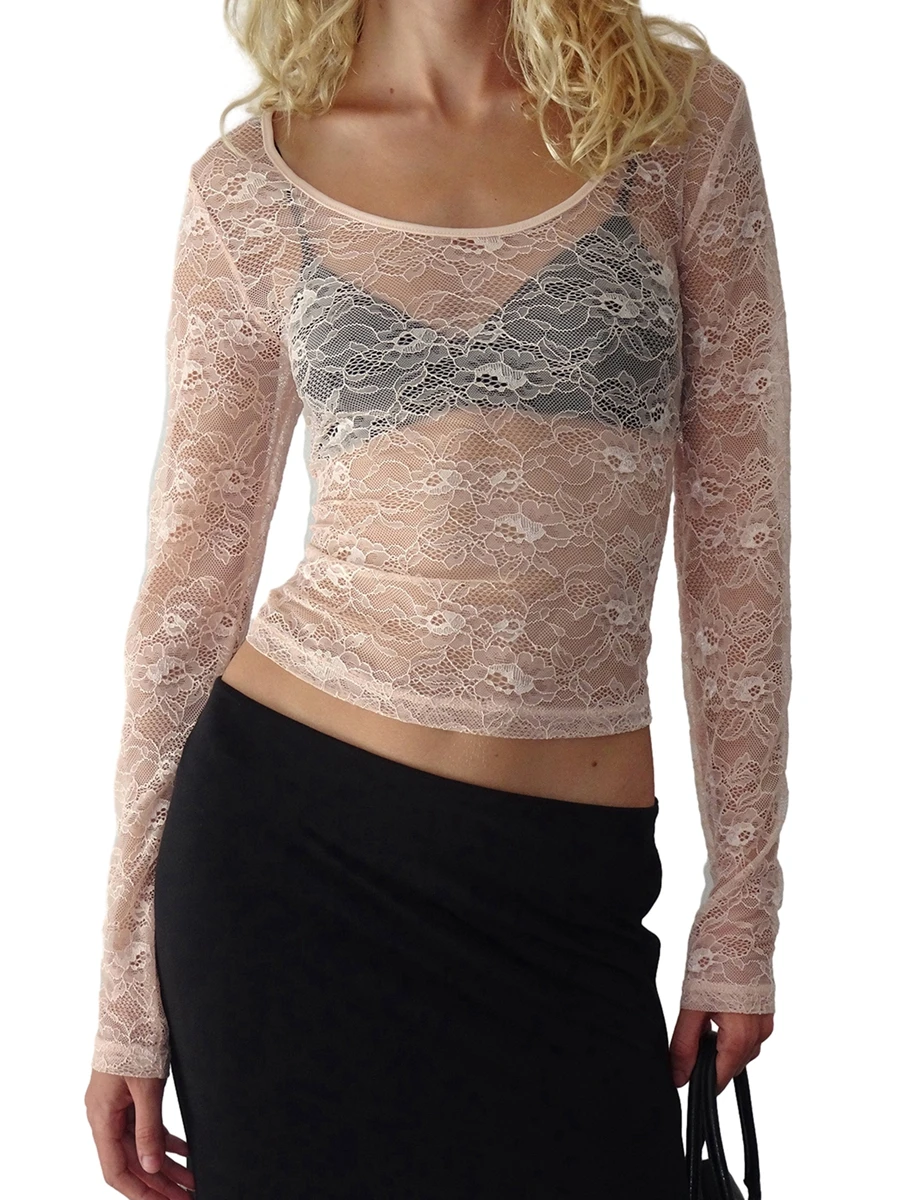 

Women's Lace Tops Basic Long Sleeve Round Neck See-Though Slim Fit T-Shirts Dressy Blouses