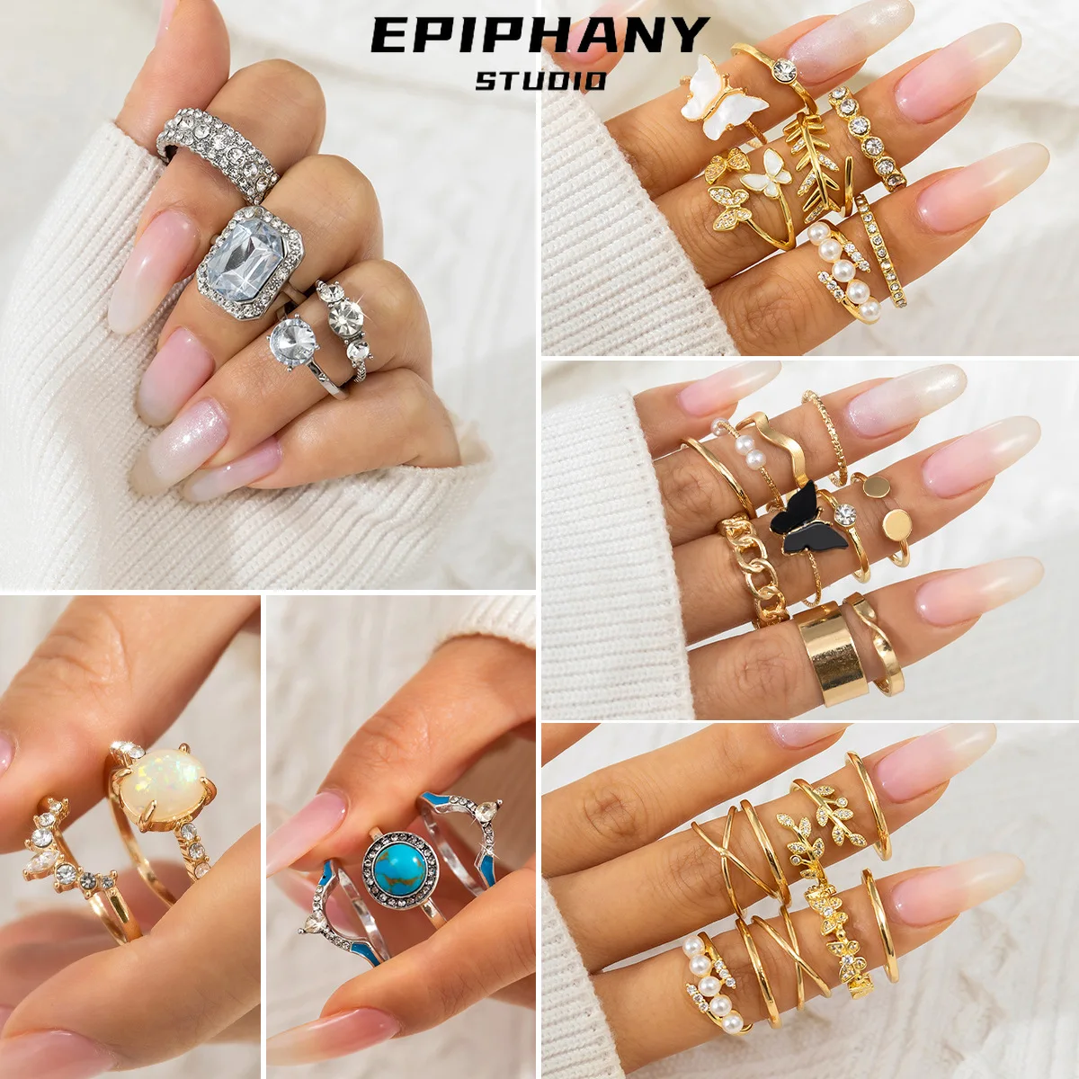 

Hip Hop Vintage Niche Set Rhinestone Ring Opening Butterfly Stacked Ring Free Shipping Items