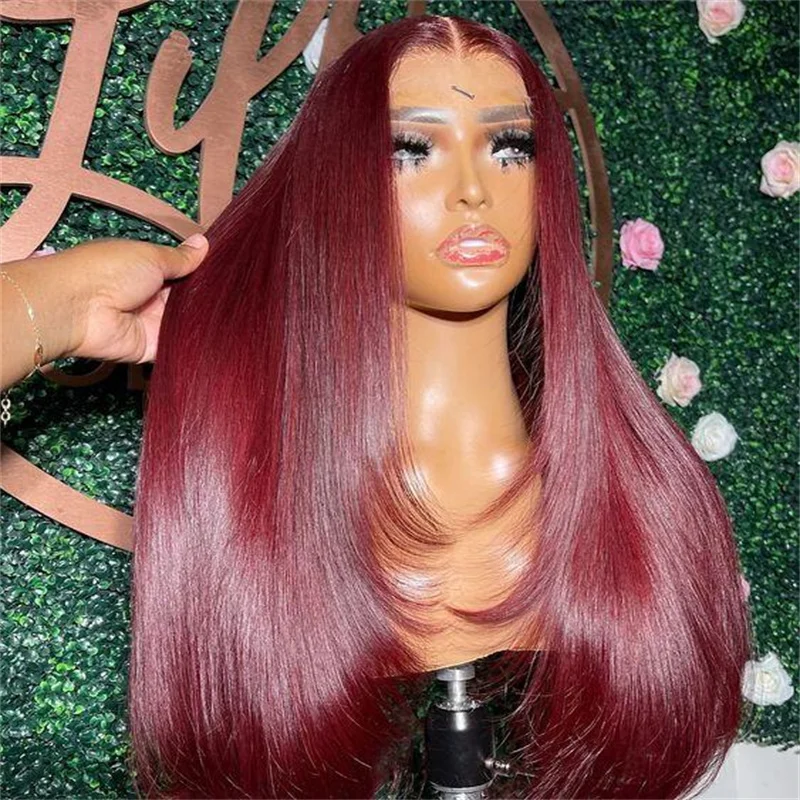 

Soft 26“ Long Straight Wine Burgundy 180Density Lace Front Wig 99j For Black Women Babyhair Preplucked Heat Resistant Glueless