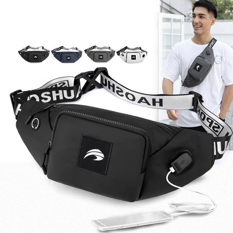 

Men Nylon Waist Fanny Pack Belt Bag with USB Charging Port Travel Running Fashion Male Sling Messenger Chest Pack Bum Hip Bag