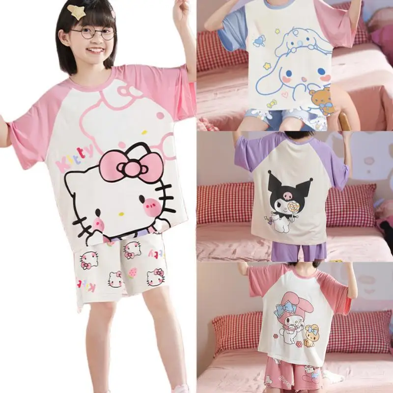 

Sanrios Hellokittys Cinnamoroll Kuromi My Melody Girls' Modal Short Sleeved Pajamas Suit Children's Parent-Child Home Clothes