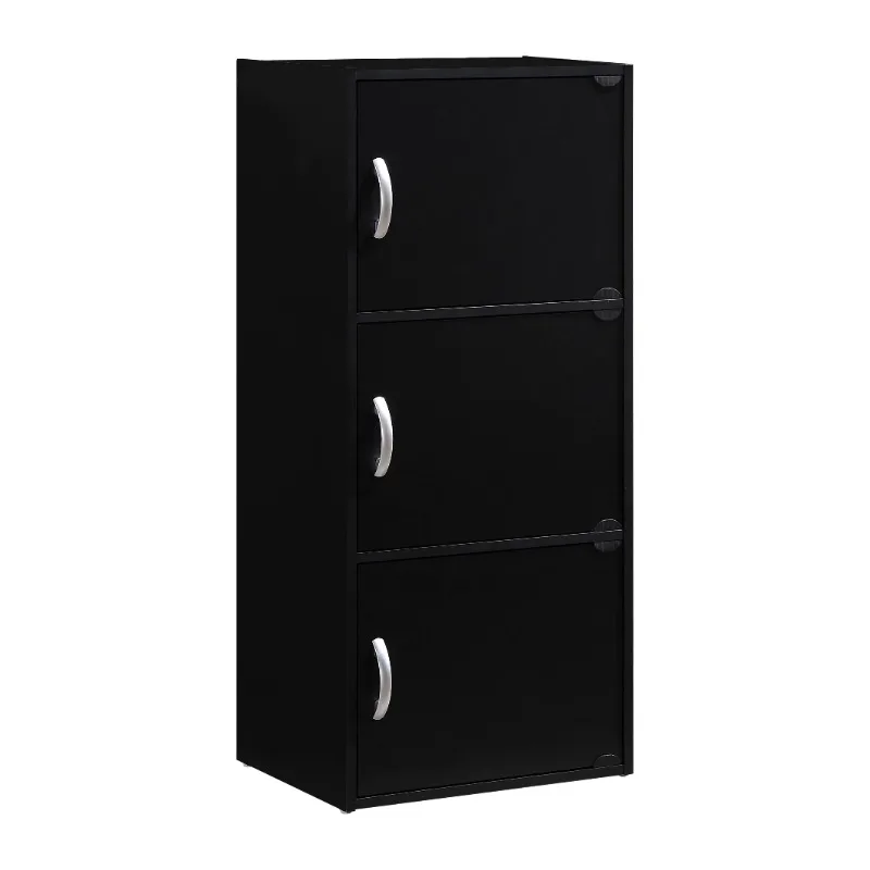 

3-Shelf, 3-Door Multi-purpose Cabinet, Modern Wooden Heavy Duty Floor Mount Multipurpose Storage Bookcase Cabinet Black