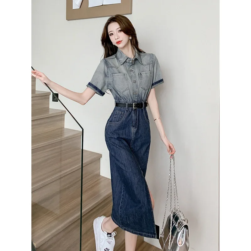 

Long Dresses for Women French Denim Dress, Women's Gradient Color, Waistband, Slit Skirt Traf