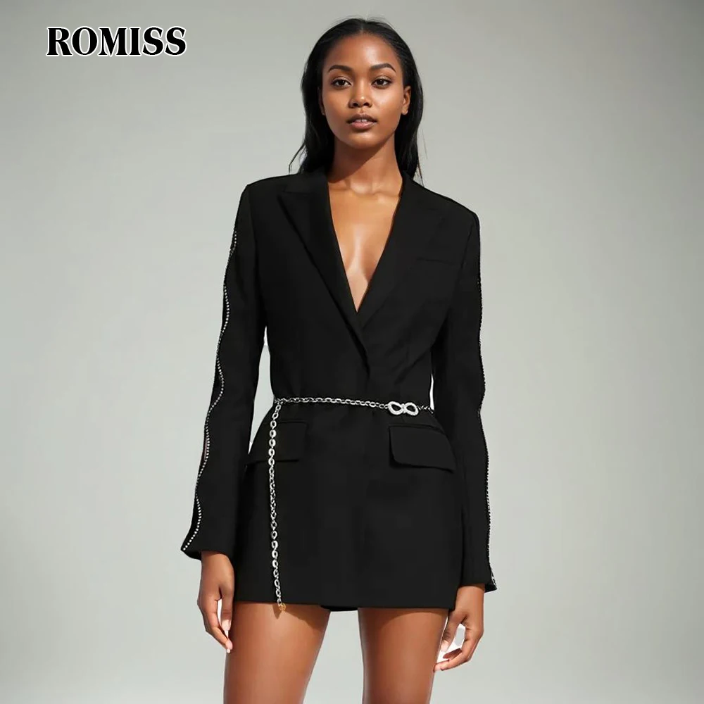 

ROMISS Elegant Hollow Out Spliced Chain Blazers For Women Notched Collar Long Sleeve Patchwork Diamonds Fashion Blazer Female